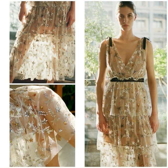💕SELF-PORTRAIT💕 Star Mesh Embroidered Midi Dress ~ US 4 - Picture 9 of 16
